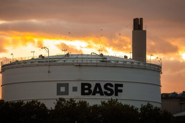 BASF-Kessel mit Vögeln im Abendlicht